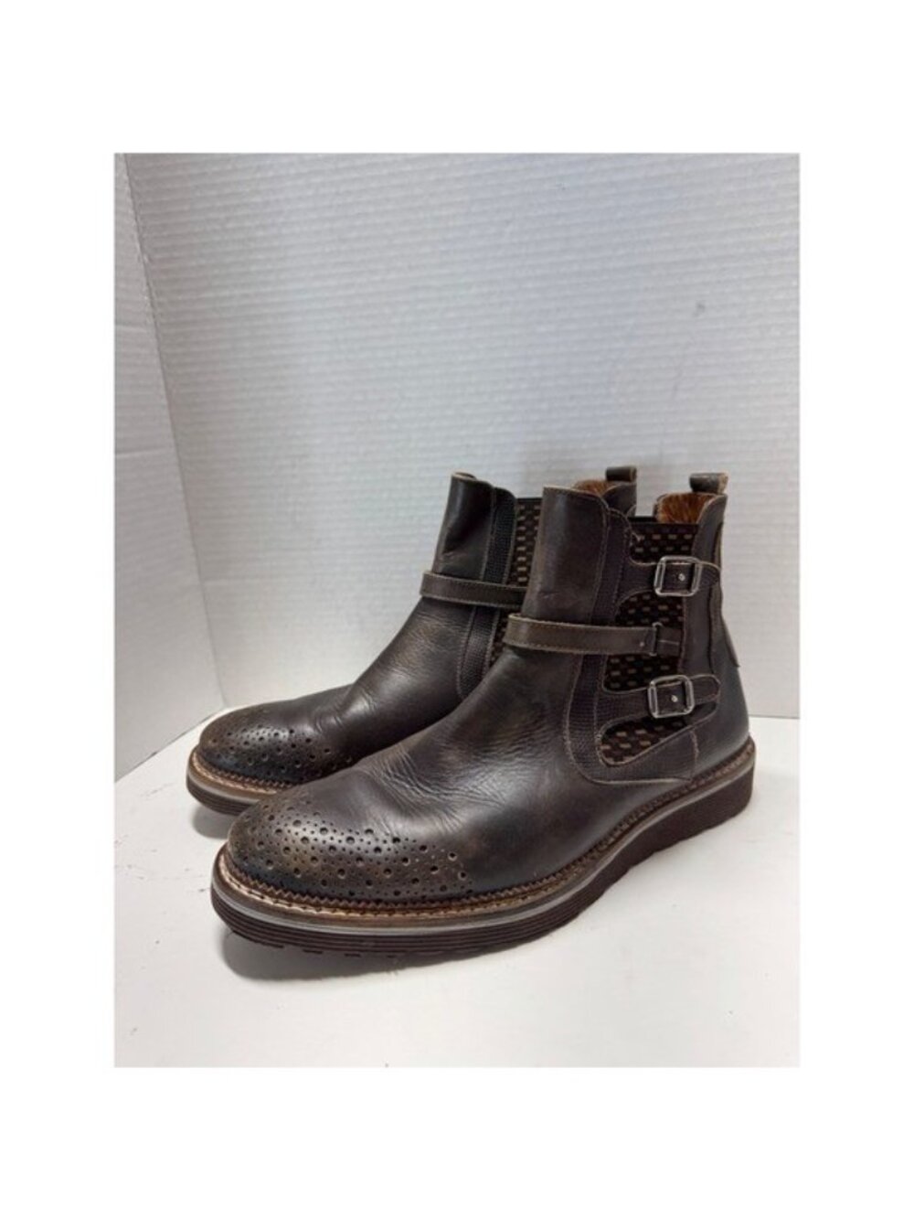 Angel Infantes Brown Leather Wingtip Brogue Triple Buckle Boots Mens 40 7.5